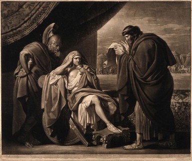 Alexander the Great demonstrating his trust in his physician Philip of Acarnania by drinking a medicinal draught prepared by him despite allegations that it was a poison. Mezzotint by V. Green, 1772, after B. West, the elder.