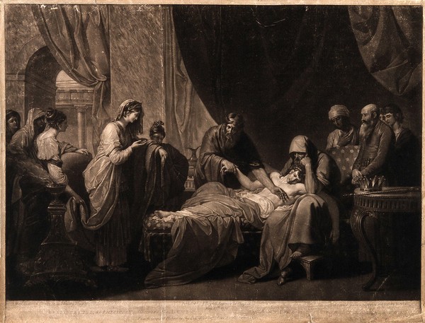 Erasistratus, a physician, realising that Antiochus's (son of Seleucus I) illness is lovesickness for his stepmother Stratonice, by observing that Antiochus's pulse rose when ever he saw her. Mezzotint by V. Green, 1776, after B. West.