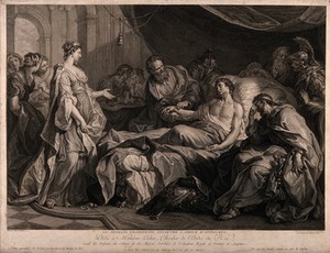 view Erasistratus, a physician, realising that Antiochus's (son of Seleucus I) illness is lovesickness for his stepmother Stratonice, by observing that Antiochus's pulse rose whenever he saw her. Line engraving by J.C. Levasseur, 1769, after H. Collin de Vermont, 1727.