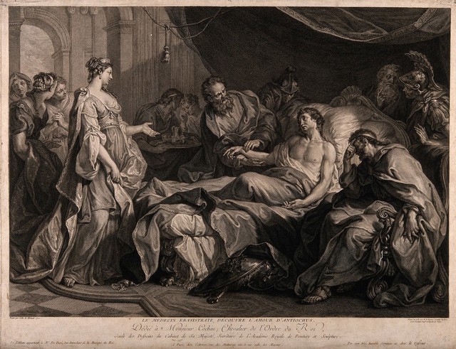 Erasistratus, a physician, realising that Antiochus's (son of Seleucus I) illness is lovesickness for his stepmother Stratonice, by observing that Antiochus's pulse rose whenever he saw her. Line engraving by J.C. Levasseur, 1769, after H. Collin de Vermont, 1727.