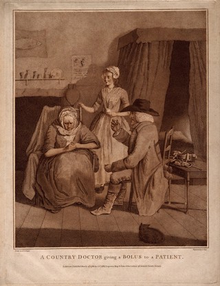A rural physician giving an elderly woman a tablet, she views it suspiciously, a younger woman stands smiling in the background. Colour stipple engraving by J. Cary, 1786, after H. Taylor.