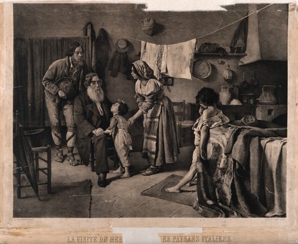 A physician examining the children of a poor Italian family. Lithograph by F. van Loo after E. de Jans.