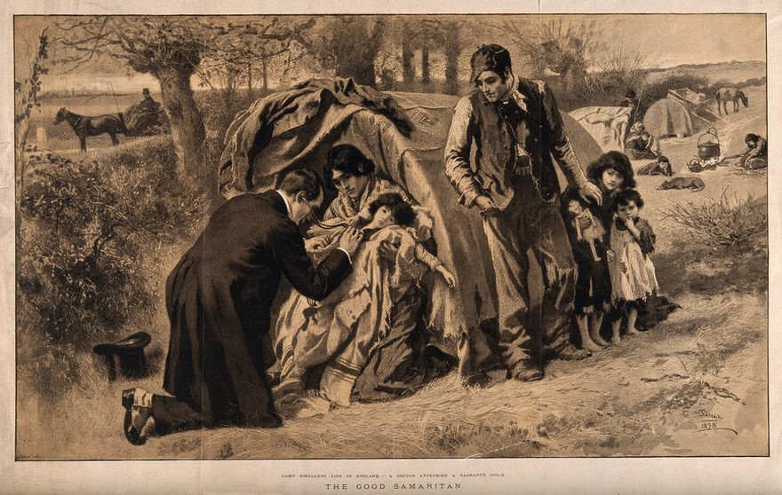 A physician examining a gypsy child with a stethoscope outside a tent on the side of the road. Halftone by Swain after W. Small, 1898.