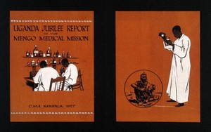 view Mengo medical mission, Uganda: (left) two African scientists working in a laboratory; (right) a Ugandan medicine man and an African man pouring out medicine. Gouache painting, 1927.