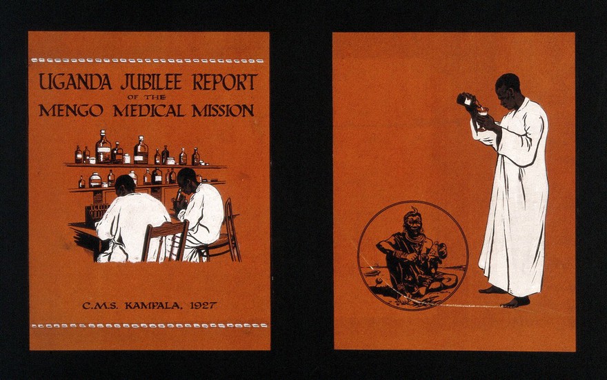 Mengo medical mission, Uganda: (left) two African scientists working in a laboratory; (right) a Ugandan medicine man and an African man pouring out medicine. Gouache painting, 1927.