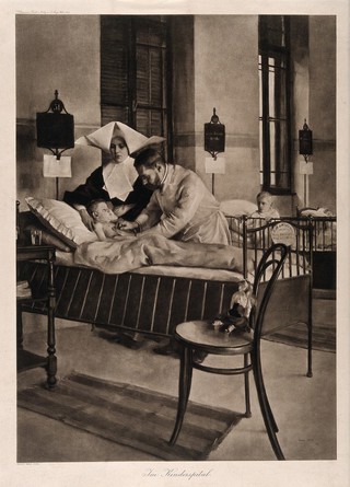 A physician examining a child, who is being comforted by a nurse in the ward of a childrens' hospital. Photogravure by J.Löwy, 1901, after I. Knopp, 1892.