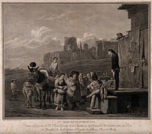 view A group of itinerant perfomers on stage at a market, attempting to sell some medicines as well as entertain. Engraving by F.A. David after K. Dujardin.