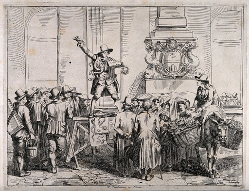 An itinerant salesman adorned with snakes selling trinkets/charms to a group of people at a market. Etching by B. Pinelli, 1821, after himself.