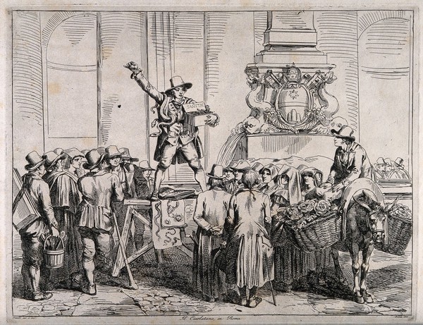 A salesman in Rome with a snake selling amulets as antidotes or prophylactics against snake-bite to a crowd of people. Etching by B. Pinelli, 1821.