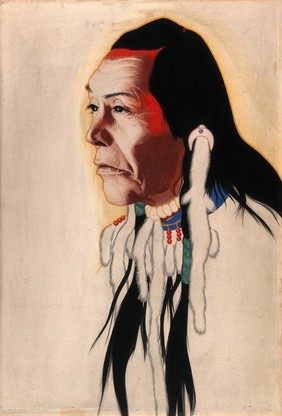 Albert Mad Plume, a North American medicine man. Coloured pastel drawing by W. Langdon Kihn, 1926.