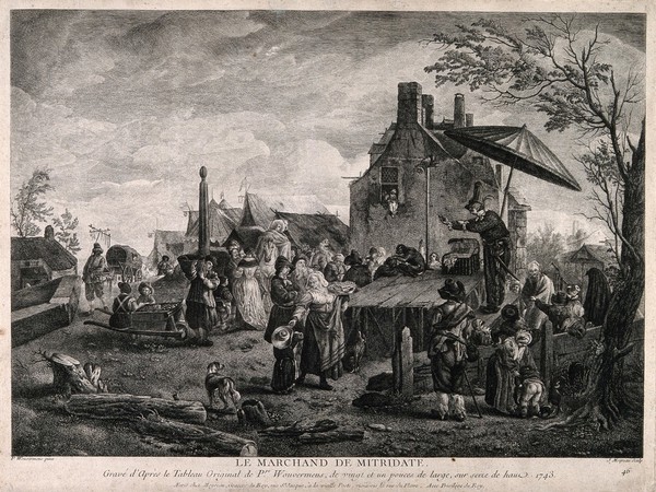 An itinerant medicine vendor performing on stage at a bustling fair. Engraving by J. Moyreau, 1743, after P. Wouwerman.