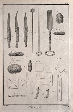 view Surgery: an assortment of surgical instruments, including a catheter, a probe and a spatula. Engraving with etching by Defehrt after L.-J. Goussier.
