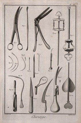 Surgery: surgical instruments, including a catheter, a curved chisel, a curette, needles and a bistoury. Engraving with etching by A.J. Defehrt after Louis-Jacques Goussier .