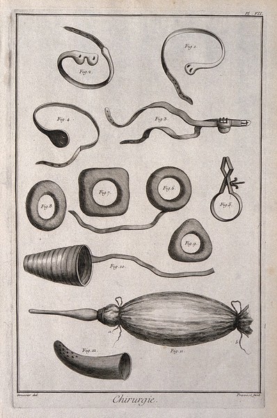 Surgery: an assortment of surgical instruments, including an instrument for the dilation of the foreskin, a cannula and a syringe for the bladder. Engraving with etching by B.L. Prevost after L.-J. Goussier.