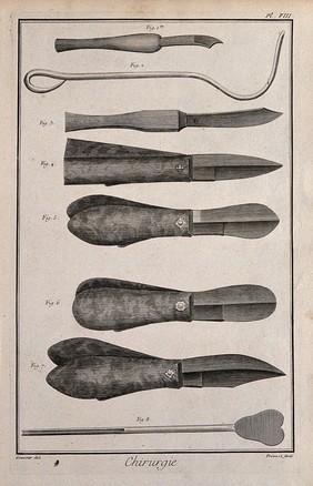 Surgery: surgical instruments for the surgical removals of stones from the urinary tract (lithotomy). Engraving with etching by B.L. Prevost after L.-J. Goussier.