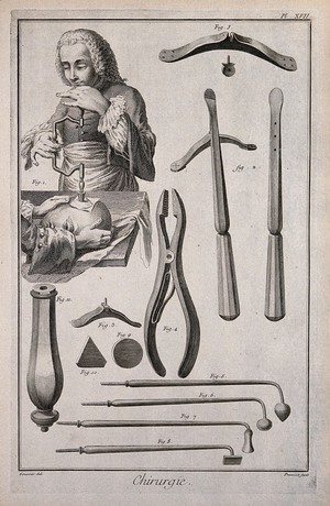 view Surgery: above, a skull being trepanned; below, various instruments used in trepanation. Engraving with etching by B.L. Prevost after Louis-Jacques Goussier.