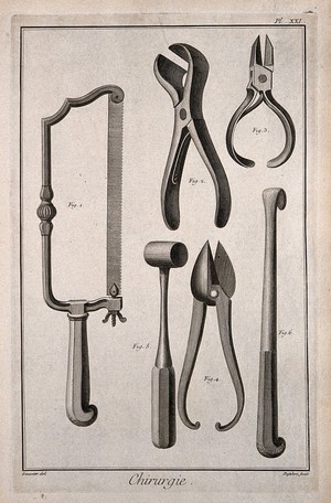 view Surgery: surgical instruments for the amputation of limbs, including an amputation saw, bone nippers and cartilege forceps. Engraving with etching by A.J. Defehrt after L.-J. Goussier.
