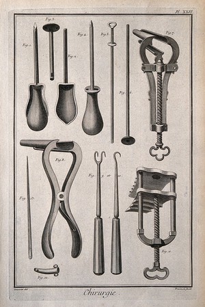 view Surgery: surgical instruments, including a speculum for the uterus and a speculum for the anus. Engraving with etching by B.L. Prevost after L.-J. Goussier.