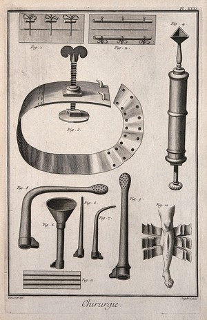 view Surgery: surgical instruments, including a tourniquet. Engraving with etching by A.J. Defehrt after L.-J. Goussier.