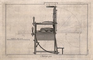 view Surgical apparatus: a chair used for surgery. Engraving with etching.