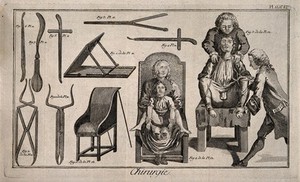 view Surgical instruments and patients undergoing treatment. Engraving with etching.