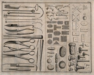 view Surgical instruments, including needles and scalpels. Engraving with etching by George Bickham.