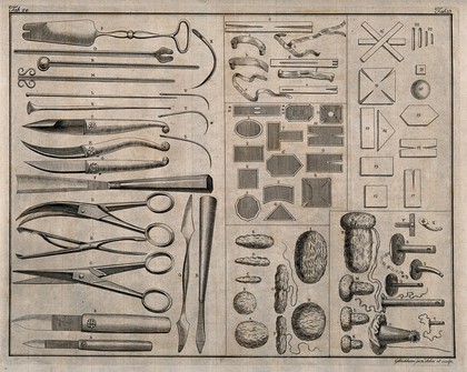 Surgical instruments, including needles and scalpels. Engraving with etching by George Bickham.