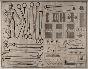 view Surgical instruments, including needles and scalpels. Engraving with etching by George Bickham.