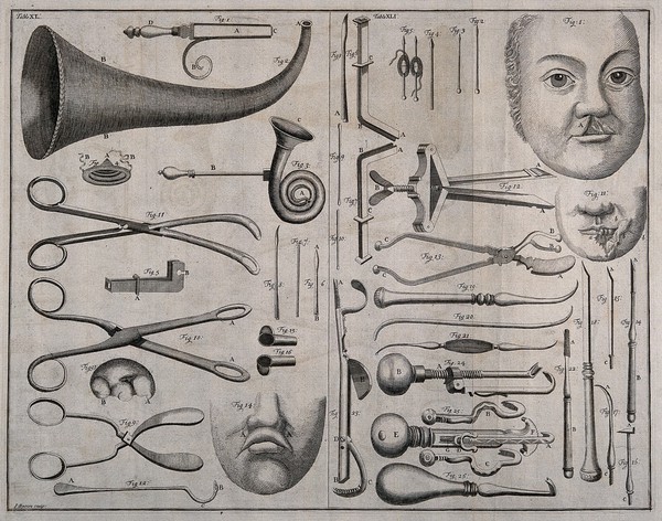 Surgical instruments. Engraving with etching.