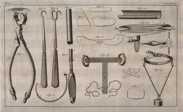 Surgical instruments. Engraving with etching.