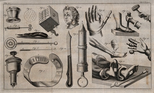 Surgical instruments. Engraving with etching.