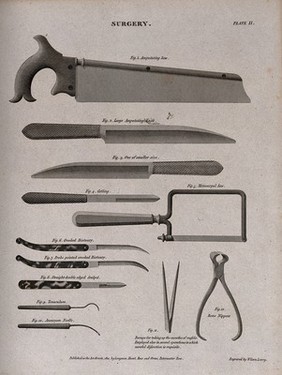 Surgical instruments, including an amputating saw, an amputating knife, scalpels and bone nippers. Engraving by Wilson Lowry, 1810.