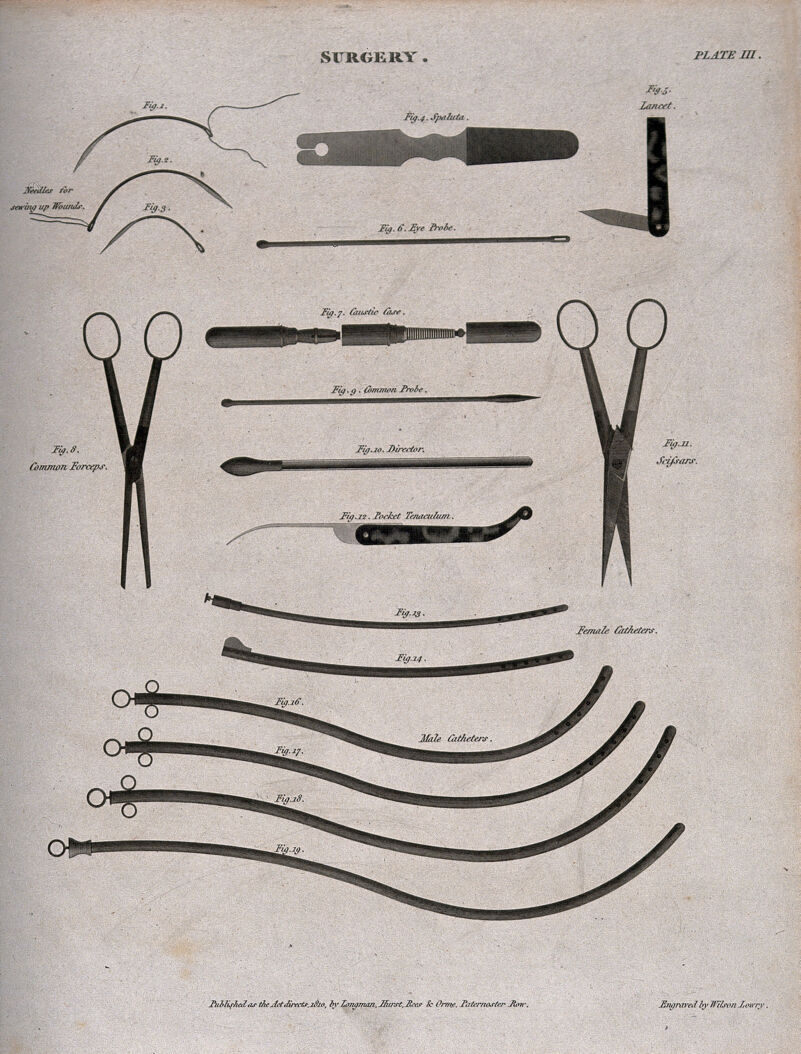Surgical instruments, including scalpels and catheters. Engraving by Wilson Lowry, 1810., 1810, by Wilson Lowry