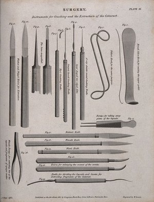 view Surgical instruments for the extraction of cataracts. Engraving by W. Lowry after J. Farey jun., 1812.