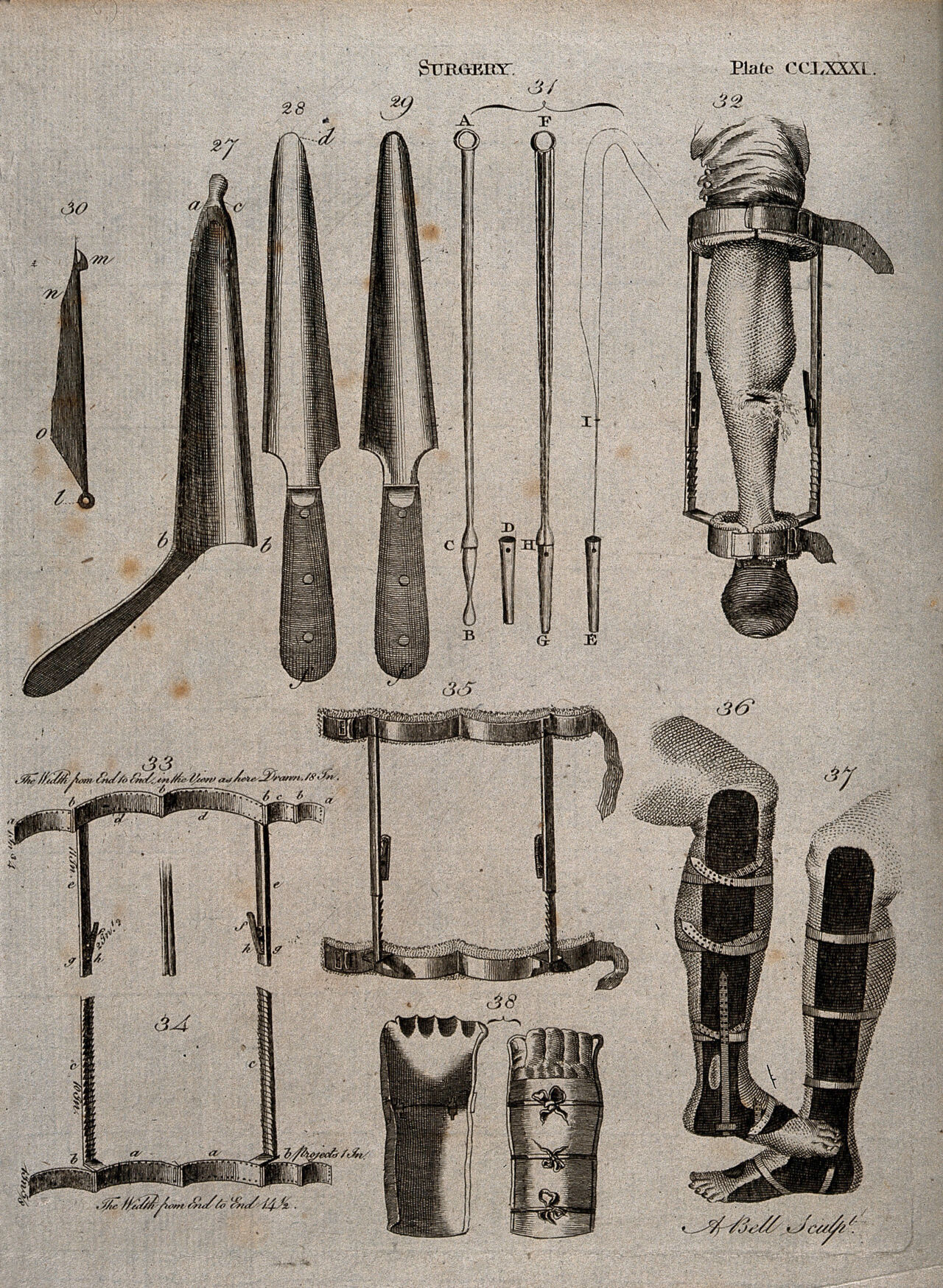 Surgical instruments. Engraving by Andrew Bell., by Andrew Bell