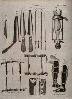 view Surgical instruments. Engraving by Andrew Bell.