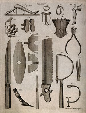 view Surgical instruments and protheses. Engraving by Andrew Bell.