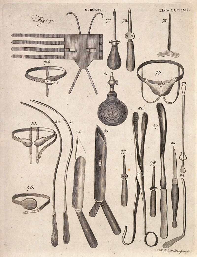 Surgical instruments. Engraving by Andrew Bell., by Andrew Bell