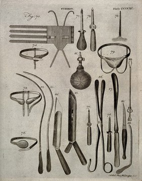 Surgical instruments. Engraving by Andrew Bell.