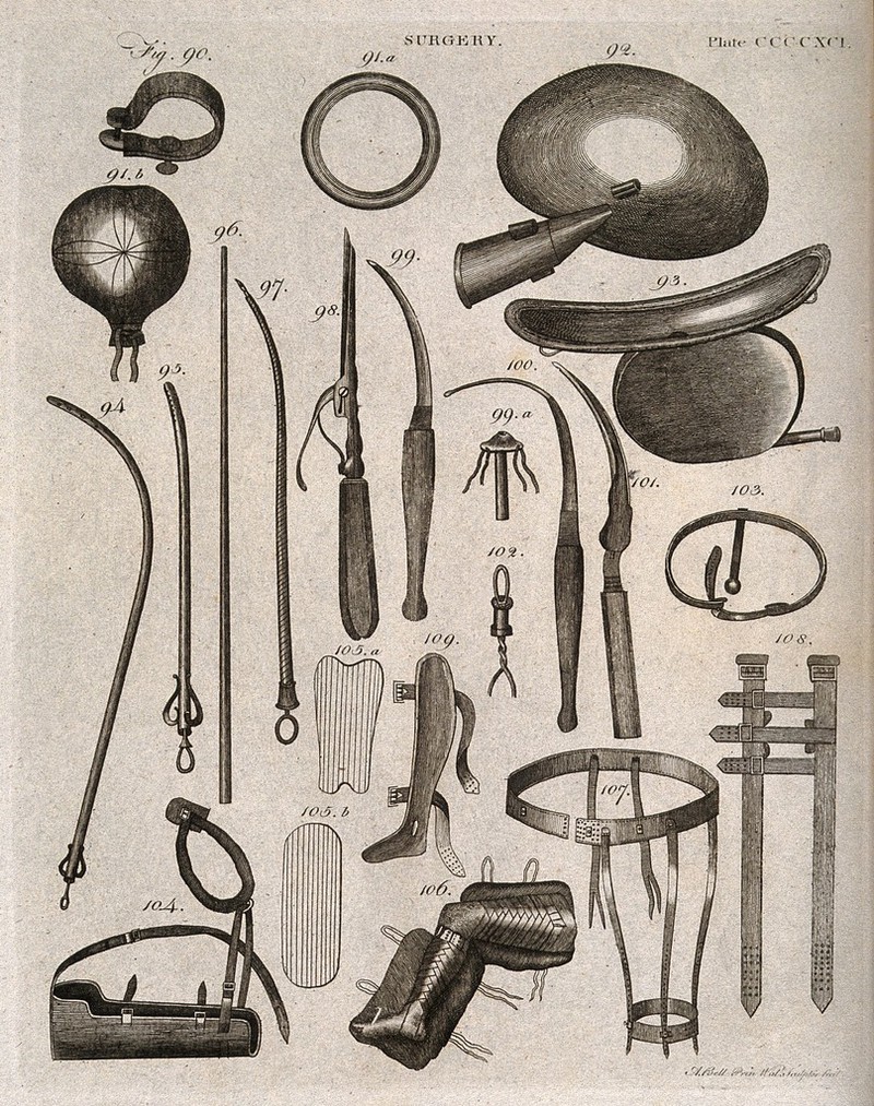 Surgical instruments. Engraving by Andrew Bell., by Andrew Bell