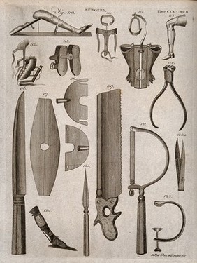 Surgical instruments. Engraving by Andrew Bell.