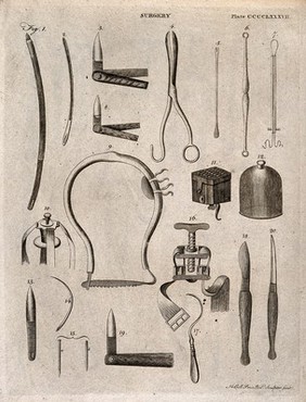 Surgical instruments. Engraving by Andrew Bell.