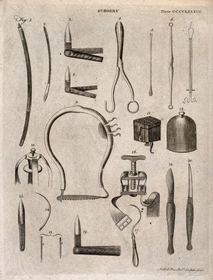 view Surgical instruments. Engraving by Andrew Bell.