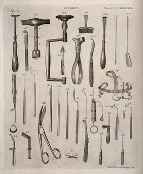 Surgical instruments. Engraving by Andrew Bell.