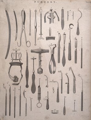 view Surgical instruments. Engraving by J. Brown.