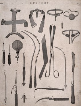 Surgical instruments. Engraving by J. Brown.