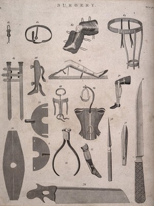 view Surgical instruments and bandages, as well as a saw. Engraving by J. Brown.
