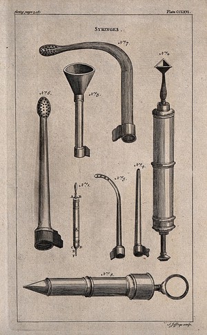 view Surgical instruments: syringes. Engraving with etching by T. Jefferys.