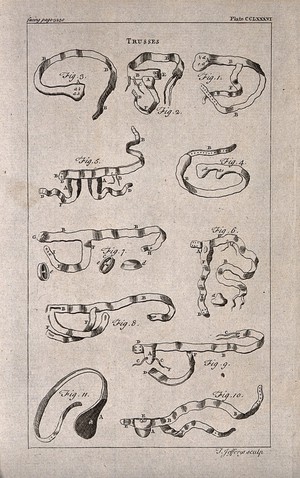 view Surgical instruments: trusses. Engraving with etching by T. Jefferys.