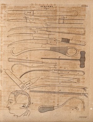 view Surgical instruments, mainly needles and knives. Engraving by E. Mitchell.